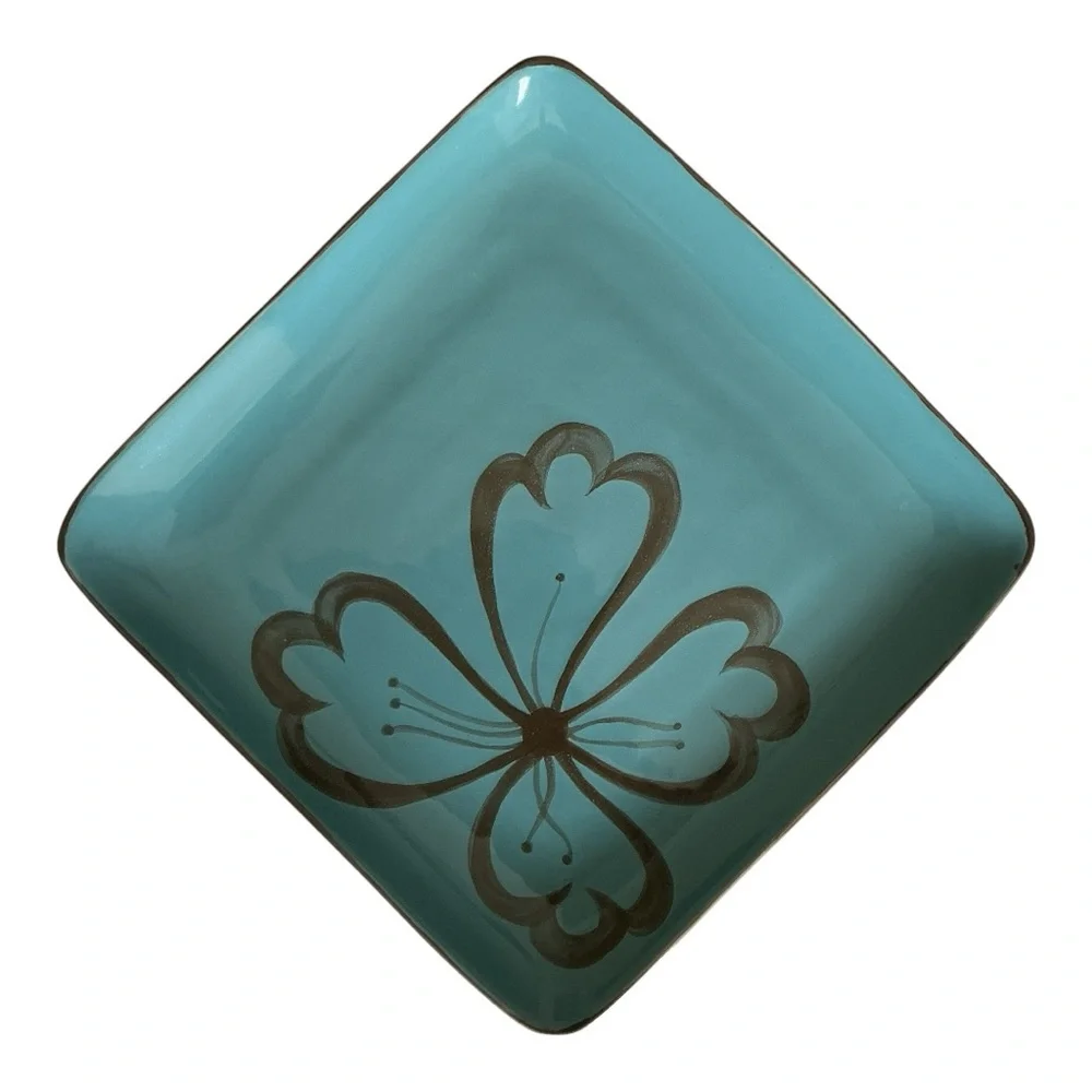 Pier 1 Hibiscus PatternTeal And Brown Square Dinner Plate Flower Design Vintage